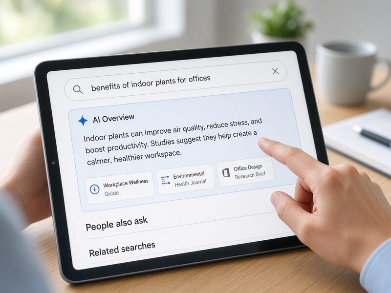 Tablet showing a search results page with an AI Overview answer and cited sources
