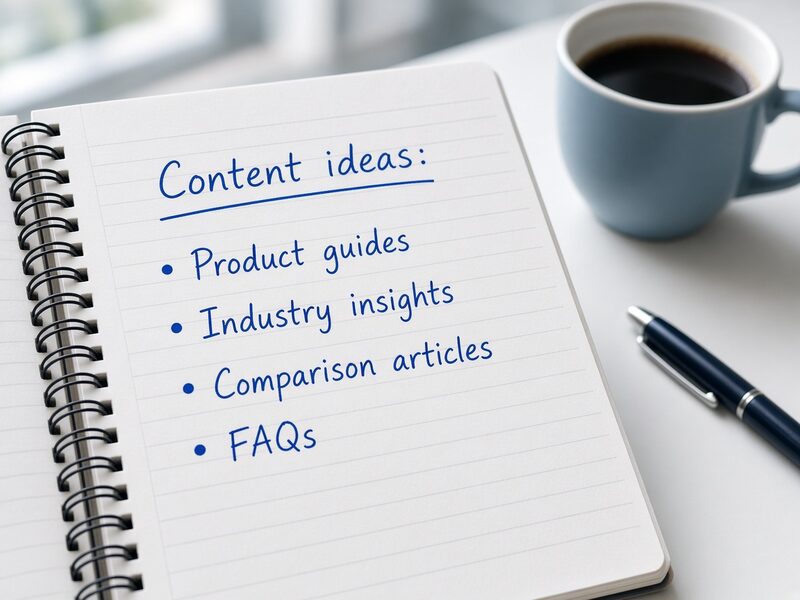 Notebook with a handwritten list of content ideas: product guides, industry insights, comparison articles and FAQs