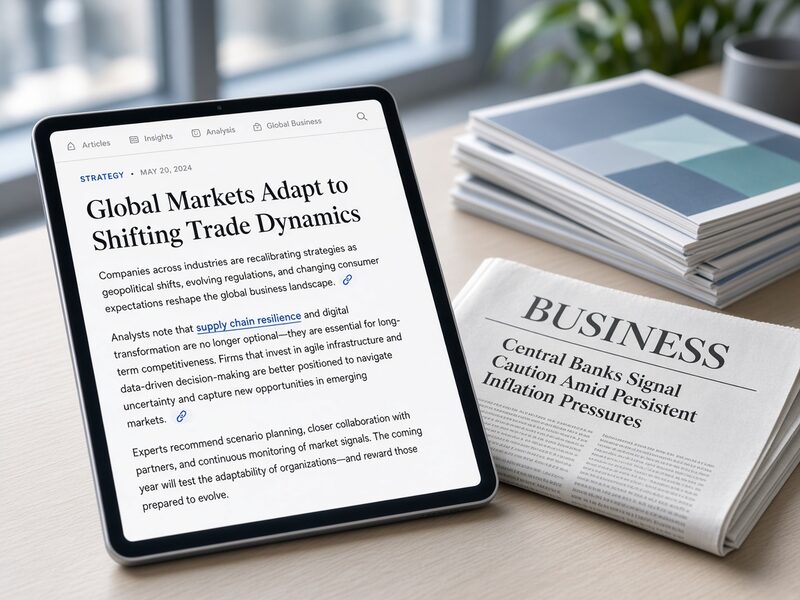 Online business article with an editorial link highlighted, next to a printed business newspaper