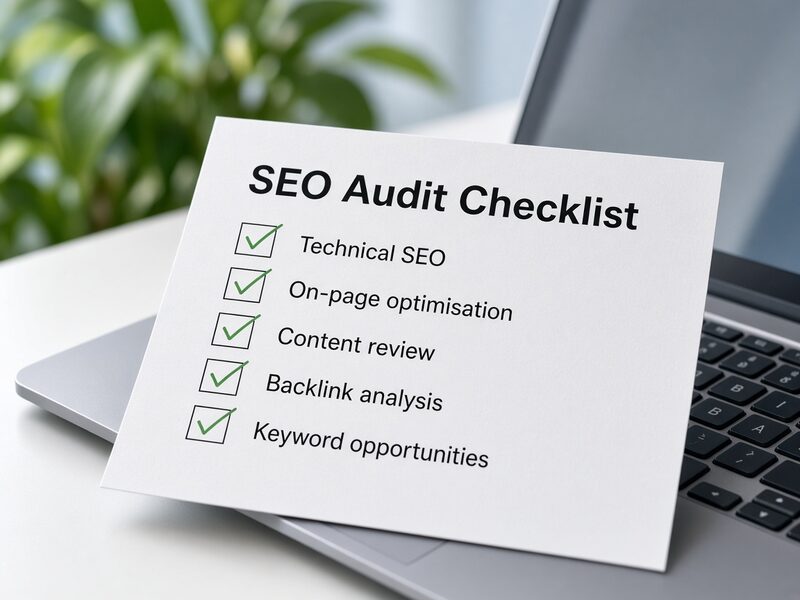 SEO audit checklist on a laptop: technical SEO, on-page optimisation, content review, backlink analysis and keyword opportunities