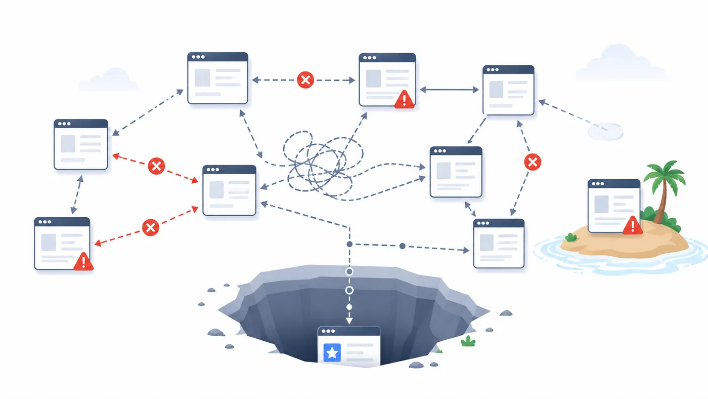 Illustration of broken internal links, disconnected webpages, redirect errors, and orphan pages in a messy website structure.