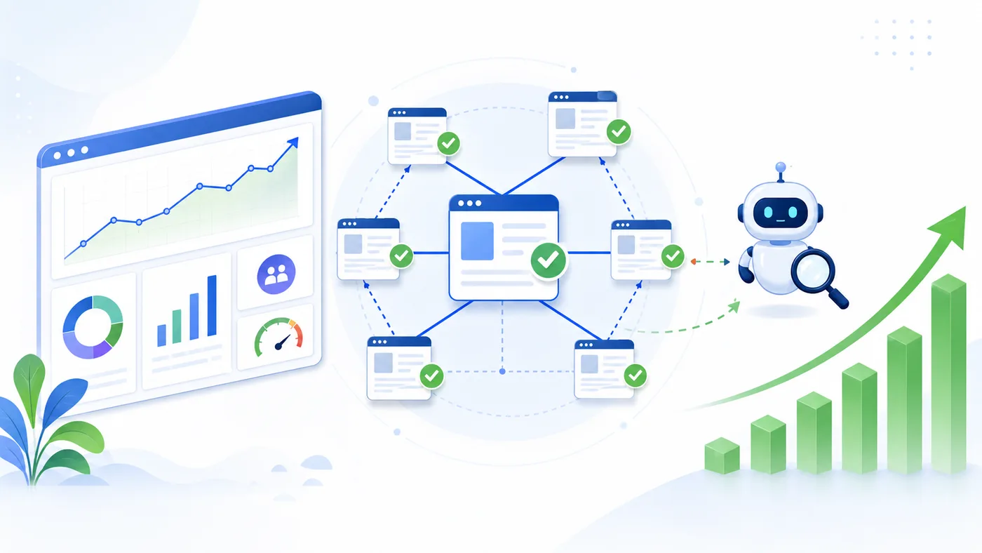 Illustration of SEO analytics, connected internal pages, crawl checks, and rising organic traffic growth.