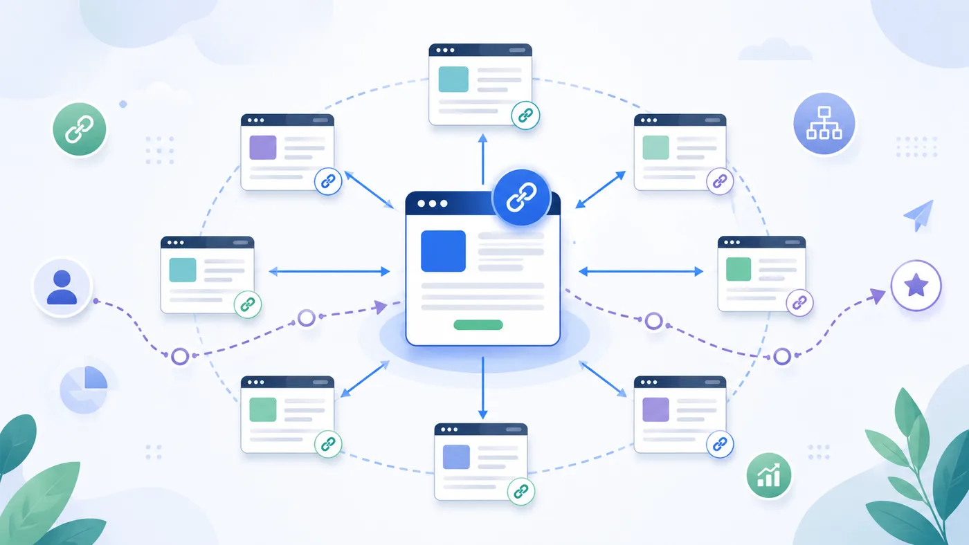 Illustration of a pillar page connected to multiple related cluster pages through internal links.