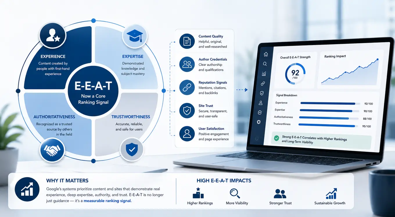 Illustration of E-E-A-T as a core ranking signal — named authors, credentials, experience, and trust driving Google rankings.