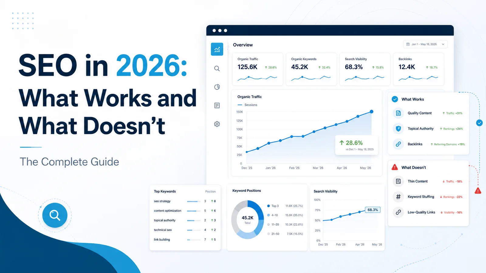 Illustration of SEO in 2026 — ranking factors, AI search, brand authority, and content depth
